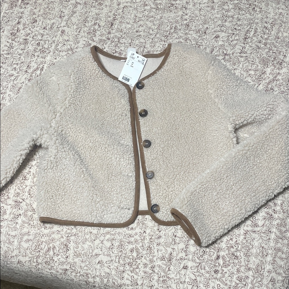 H&M Cream Sherpa Kids Jacket with Brown Trim